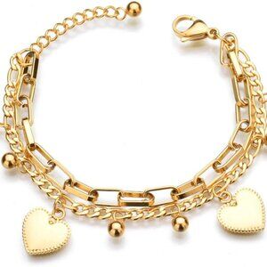 18K Gold Plated Stainless Steel Charm Bracelet with Heart Ball Charms Women